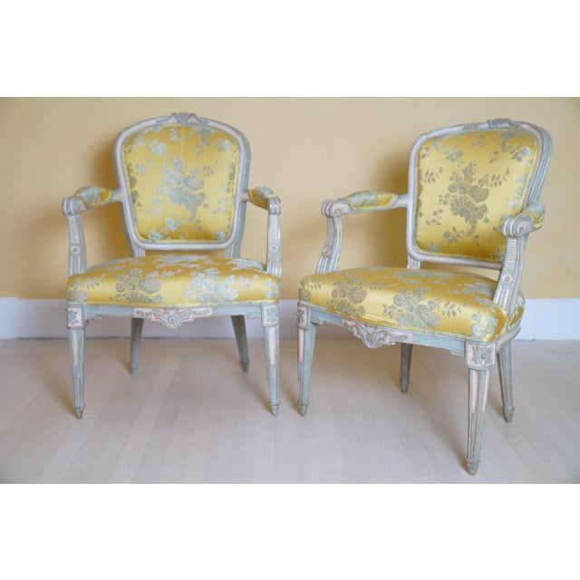 French 19th C. Louis XVI Style Silk Upholstered Painted Fauteuils - Set of 2 For Sale - Image 3 of 16