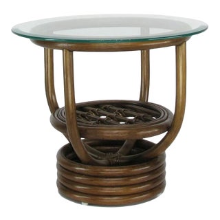 Modernist Glass Top Rattan "Kauai" Side Table With Stacked Base For Sale