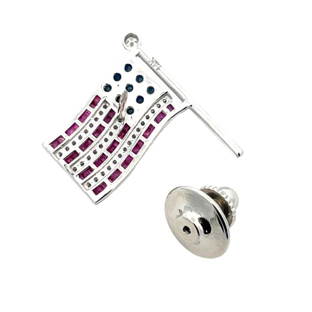 14k Heavy Gold American Flag Brooch With Ruby, Sapphire & Diamond For Sale - Image 10 of 11