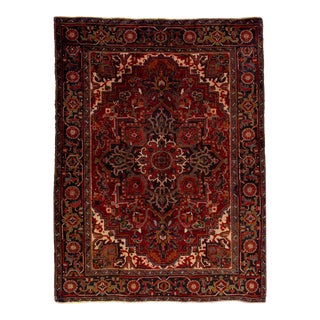 1960s Red Vintage Heriz Handmade Medallion Wool Rug For Sale