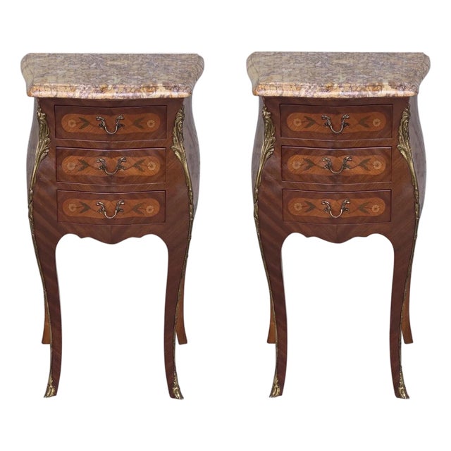 Early 20th Century Pair of French Marquetry Nightstands with Three Drawers and Bronze Hardware For Sale