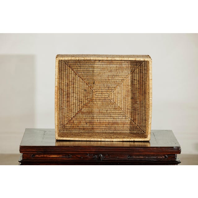 Vintage Handwoven Rattan Rectangular Storage Basket in Natural Honey Tone For Sale - Image 18 of 18