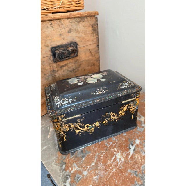 Black Antique Victorian Papier Mache Tea Caddy Mother of Pearl Inlay Black Lacquer Box Cut Crystal Mixing Bowl 19th Century For Sale - Image 8 of 17