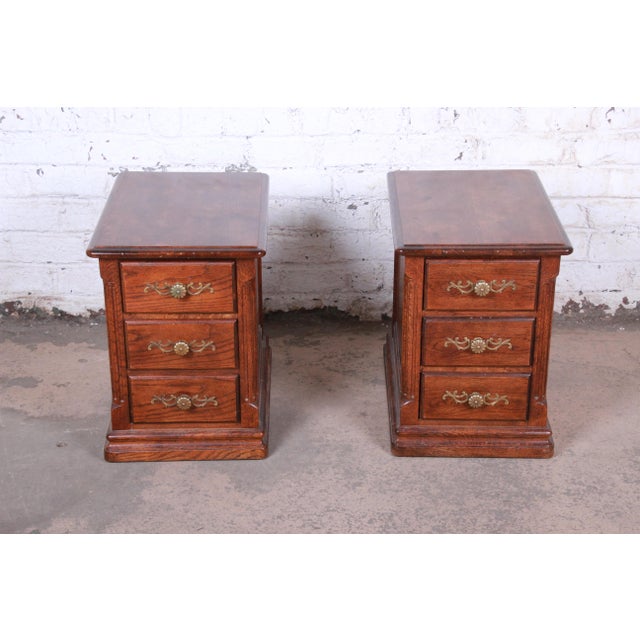 French Country Oak ThreeDrawer Nightstands by Hickory Chairish