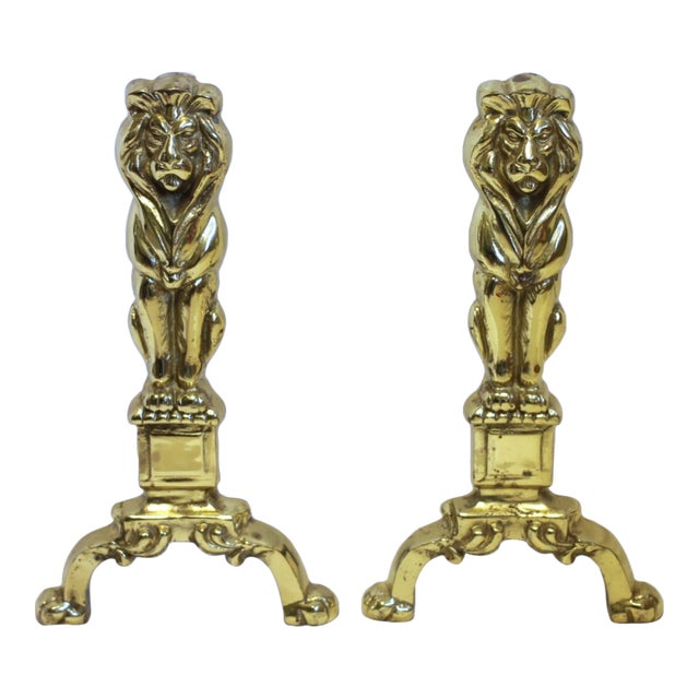 Late 19th Century Pair of Victorian Renaissance Revival Brass Lion Andirons For Sale