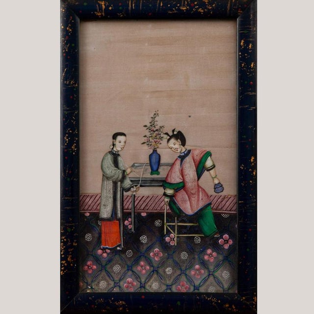 This work, executed in finely applied gouache on silk, presents an intimate interior scene rendered with the clarity and...