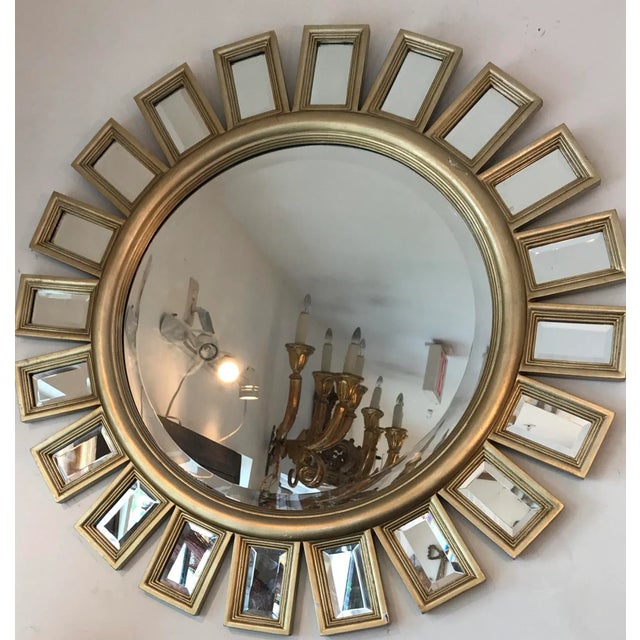 Vintage Sunburst Wall Decor Gilt Wood Mirror. All mirrors are beveled in perfect and original condition.