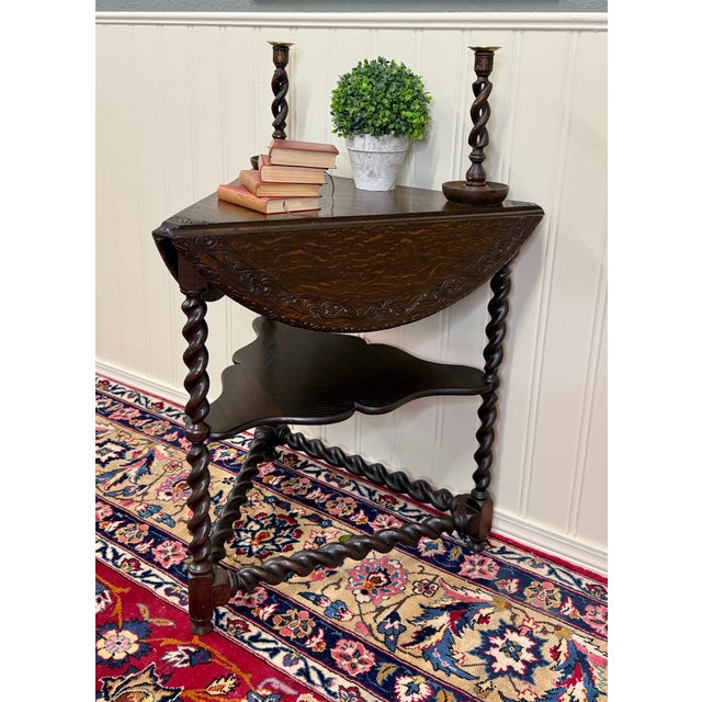 Antique English Envelope Barley Twist Drop Leaf Side Table Carved Oak C. 1900 For Sale - Image 16 of 16