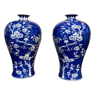 Pair Early 20th Century Chinese Cobalt Meiping Vases With Prunus Decoration For Sale