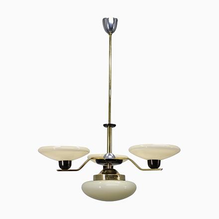 Art Deco Brass, Glass, and Aluminum Chandelier with Cream Glass, Czechoslovakia, 1930s For Sale - Image 14 of 14
