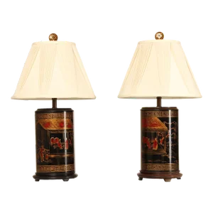 Maitland Smith Chinoiserie Painted Pair of Tea Caddy Table Lamps