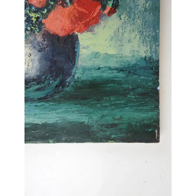 Late 20th century vibrant acrylic on canvas impasto still life painting of red poppies and turquoise background. Signed...