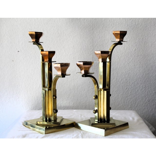 Art Deco 3-Armed Candlesticks in Brass, 1920s, Set of 2 For Sale - Image 14 of 14