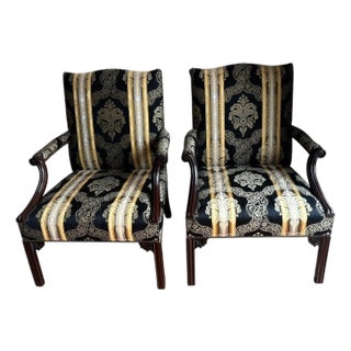 Mid 20th Century Pair of Baker Furniture Chippendale Style Mahogany With Scalamandre Fabric Upholstered Library Chairs For Sale