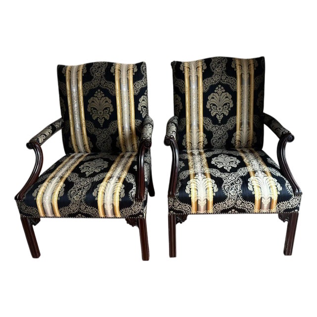 Mid 20th Century Pair of Baker Furniture Chippendale Style Mahogany With Scalamandre Fabric Upholstered Library Chairs For Sale
