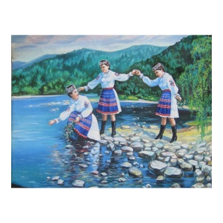 Ukrainian Folk Art Oil Painting: Women in National Costume, 1970s 60-78 For Sale