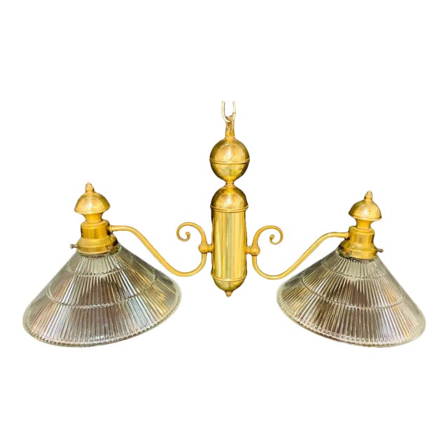 Georgian Brass Two Flared Glass Shades Pendant or Chandelier For Sale
