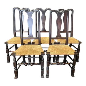 Antique Ebony Queen Anne Rush Seat Dining Side Chairs -Set of 5