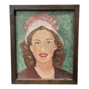 Circa 1940s French Portrait Oil Painting of a Woman Wearing a Hat with Roses, Framed