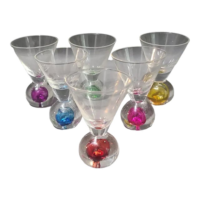 Vintage Set of 6 Italian Art Glass Colorful Bubble Base Cordials, Shot, Snap, Glasses For Sale
