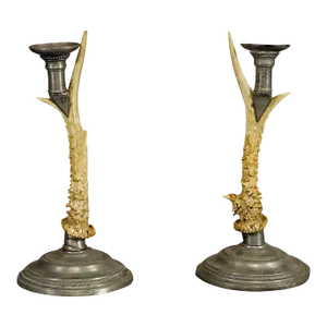 A Pair Black Forest Candle Holders With Pewter Base and Spout, Germany Ca. 1860s