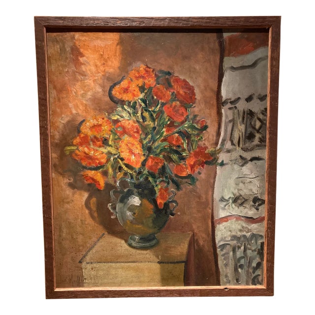 Vintage Mid-Century Modern French Still Life Orange Flowers Painting For Sale