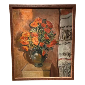Vintage Mid-Century Modern French Still Life Orange Flowers Painting