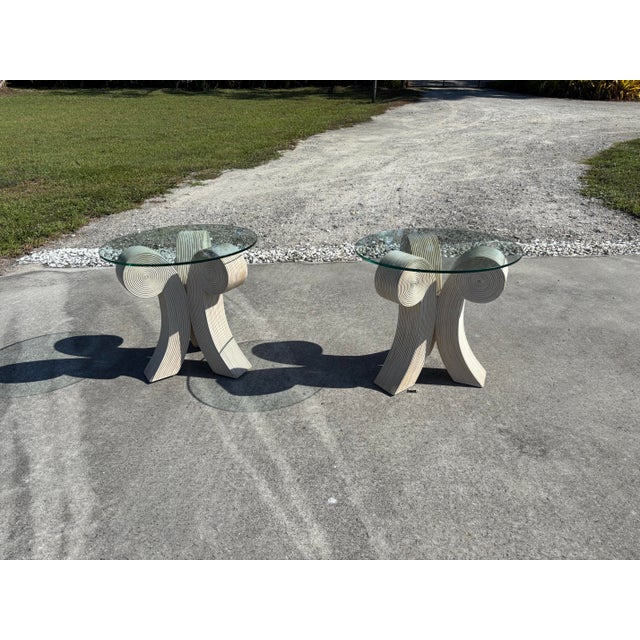 Coastal Boho Cream Colored Pencil Reed Rattan Side Tables- Set of 2. Perfect accents to flank a couch or side chairs....