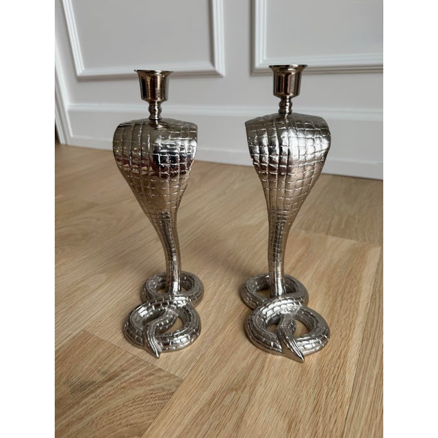 1930s Egyptian Revival Bronze Candlesticks/Taper Candle Holders, Newly Nickel Plated – Exquisitely Detailed Sculptural Pair For Sale In Chicago - Image 6 of 11