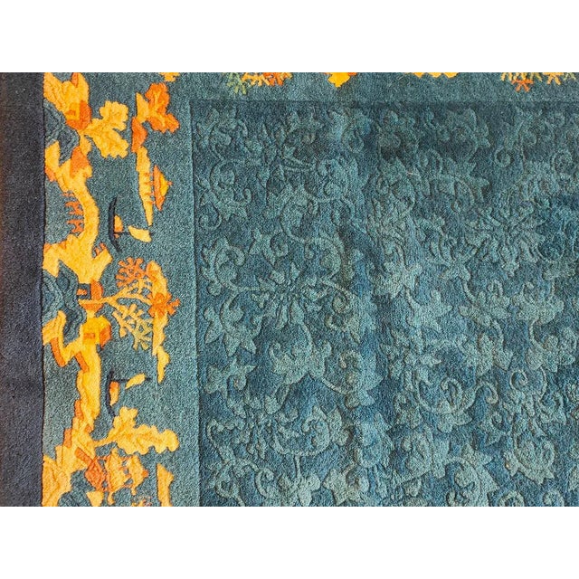 1920s Vibrant Blue Color With Gold Figurative Borders Antique Chinese Peking Rug For Sale - Image 5 of 7