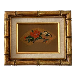 Mid 20th Century Chinoiserie Chic Painting in Gold Faux Bamboo Frame, Signed by the Artist