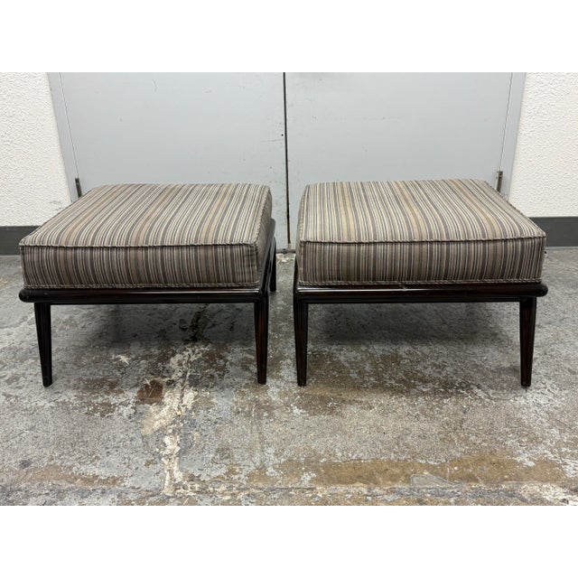 Textile T. H. Robsjohn-Gibbings for Widdicomb Mid 20th Century Lounge Armchairs + Ottomans, Pair For Sale - Image 7 of 12