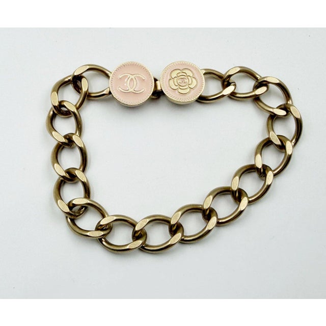 Chanel Chanel Gold CC Camellia Pink Button Chain Bracelet For Sale - Image 4 of 5