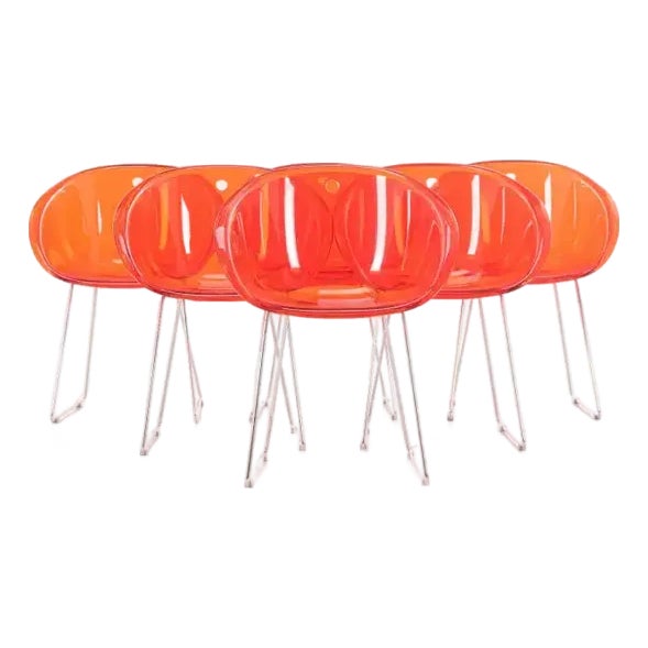 Set of Six Dining Chairs Model Gliss in Orange Polycarbonate Attributed to Pedrali For Sale