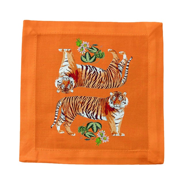 Contemporary Tiger Seeing Double Cotton Sateen Cocktail Napkins, Set of 4 For Sale - Image 3 of 6