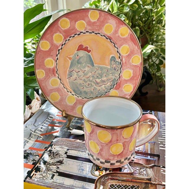 Mackenzie Childs Late 20th Century MacKenzie-Childs "Spring Chicken" Children's Enamel Set - Plate and Mug For Sale - Image 4 of 10