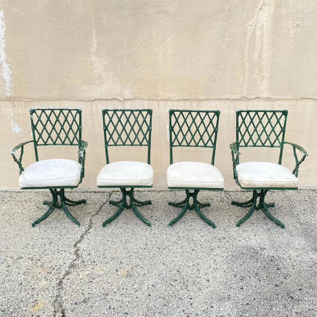 Hollywood Regency Vintage Hollywood Regency Faux Bamboo Lattice Metal Green Dining Set - 5 Pc Set For Sale - Image 3 of 12