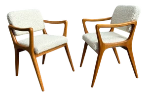 Set of Armchairs with Dark Wood Frame and White Bouclé Fabric, 2000s