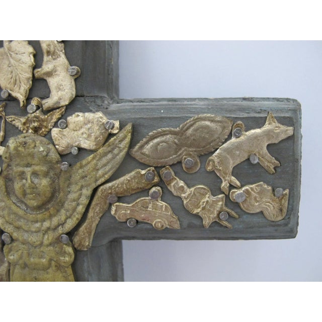 Mexican Mexican Folk Art Milagros Guardian Angel Charms Turquoise Hand Carved Wood Cross For Sale - Image 3 of 8