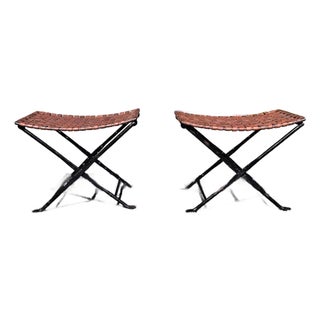 1980s Vintage Woven Leather X Base Folding Iron Stools - Set of 2 For Sale