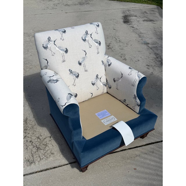 Hickory Chair Blue Velvet and Embroidered Crane Upholstered Armchair With Ottoman For Sale - Image 10 of 12