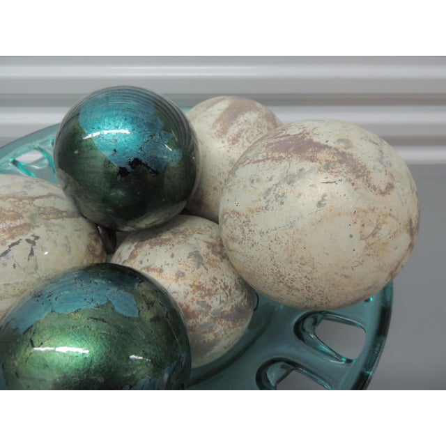 Vintage Emerald Green Glass Footed Bowl With Decorative Glass Spheres