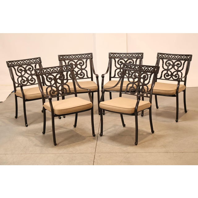 Castelle Cast Aluminum Outdoor Dining Table With Six Chairs Patio Set For Sale - Image 15 of 18