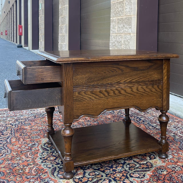 Ethan Allen 1970s Ethan Allen Royal Charter Collection Jacobean Oak 2 Drawer Tiered Side or End Table For Sale - Image 4 of 14