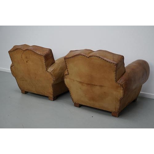 French Cognac Moustache Back Leather Club Chairs, 1940s, Set of 2 For Sale - Image 16 of 18