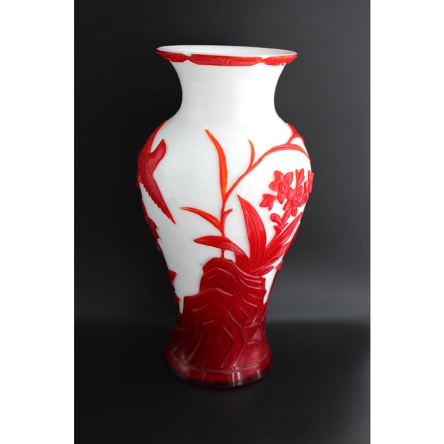 Antique Chinese Red and White Peking Glass Vase, Hand Carved, C1900, 10.75” For Sale - Image 4 of 12