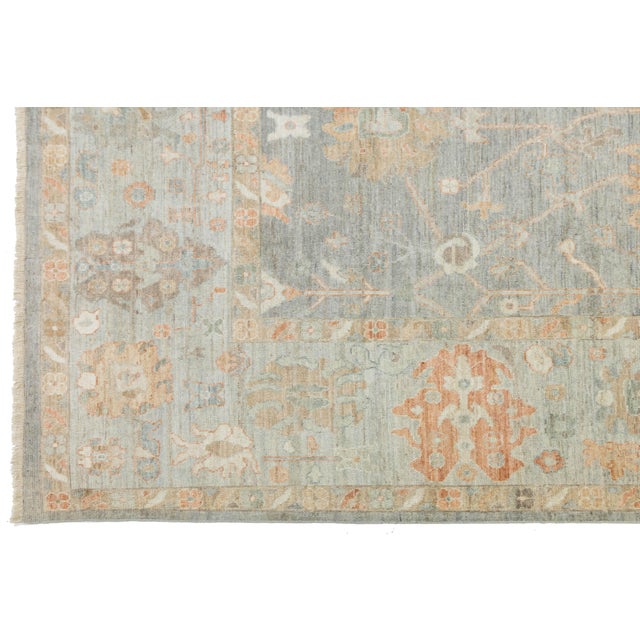 12x15 Hand-Knotted Modern Oushak Style Wool Area Rug – Muted Sage Floral Design For Sale In New York - Image 6 of 10