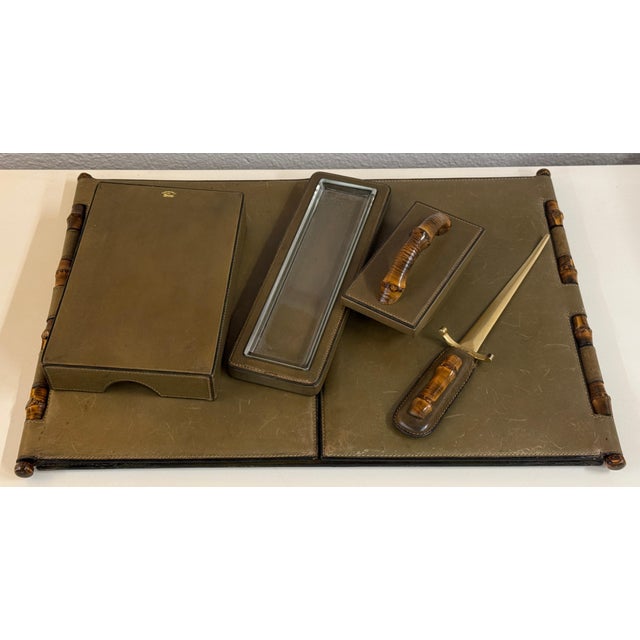Animal Skin Vintage 1970’s Gucci Leather and Faux Bamboo 5 piece Desk Set For Sale - Image 7 of 15