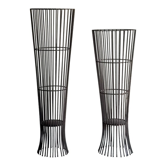 Pair of MCM Mid Century Modern Sculptural Vintage Atomic Modern Black Wire Plant Stands in the Style of Arthur Umanoff Indoor Outdoor For Sale