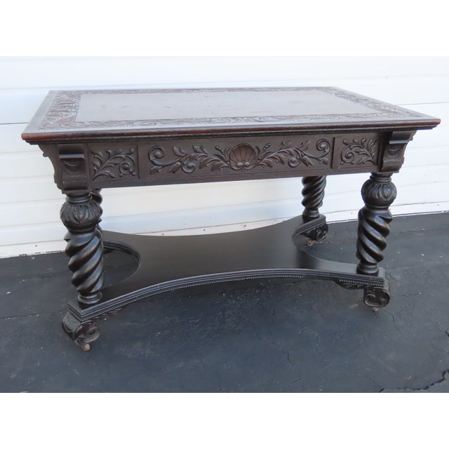 Early 1900s Heavy Carved Tiger Oak Library Console Table Partner Desk 6571a For Sale - Image 9 of 18